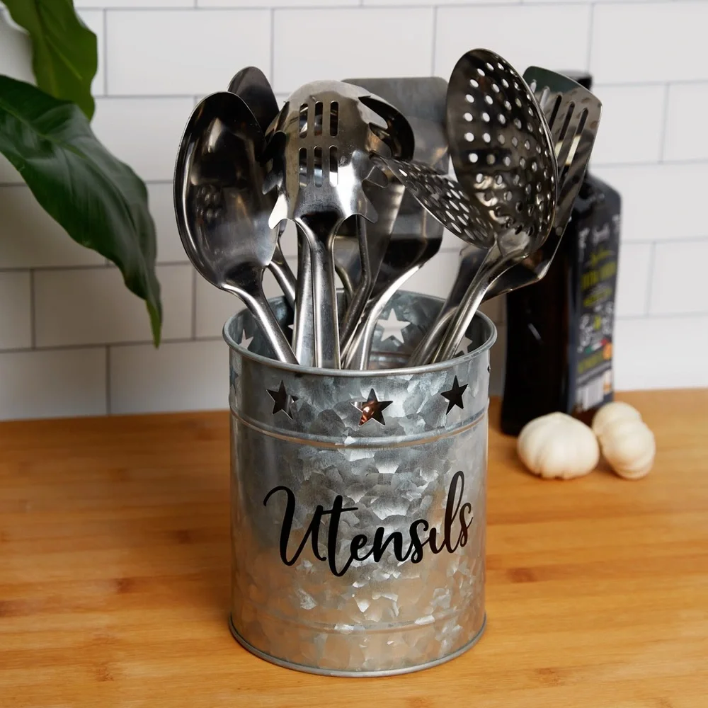 Large Metal Galvanized Utensil Holder for Countertop in Kitchen -‎ TinnLizzie